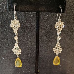 Dangly Silver Tone Earrings With Clear Crystals and Citrine Stone (Faux)